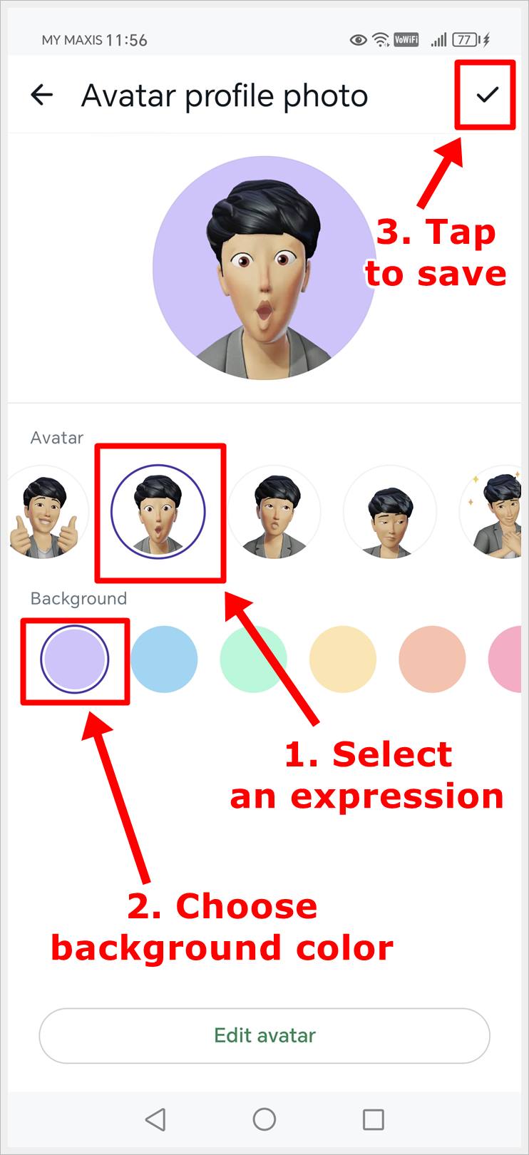 Image shows steps to select an avatar expression, choose background color and finally save the WhatsApp avatar profile photo.