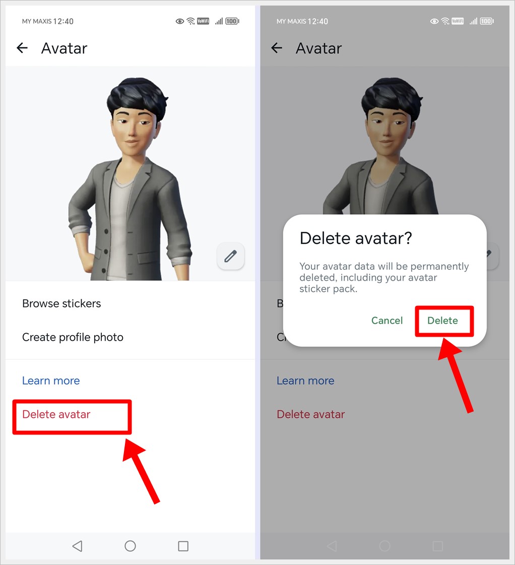 This image shows the steps to delete your custom WhatsApp avatar.