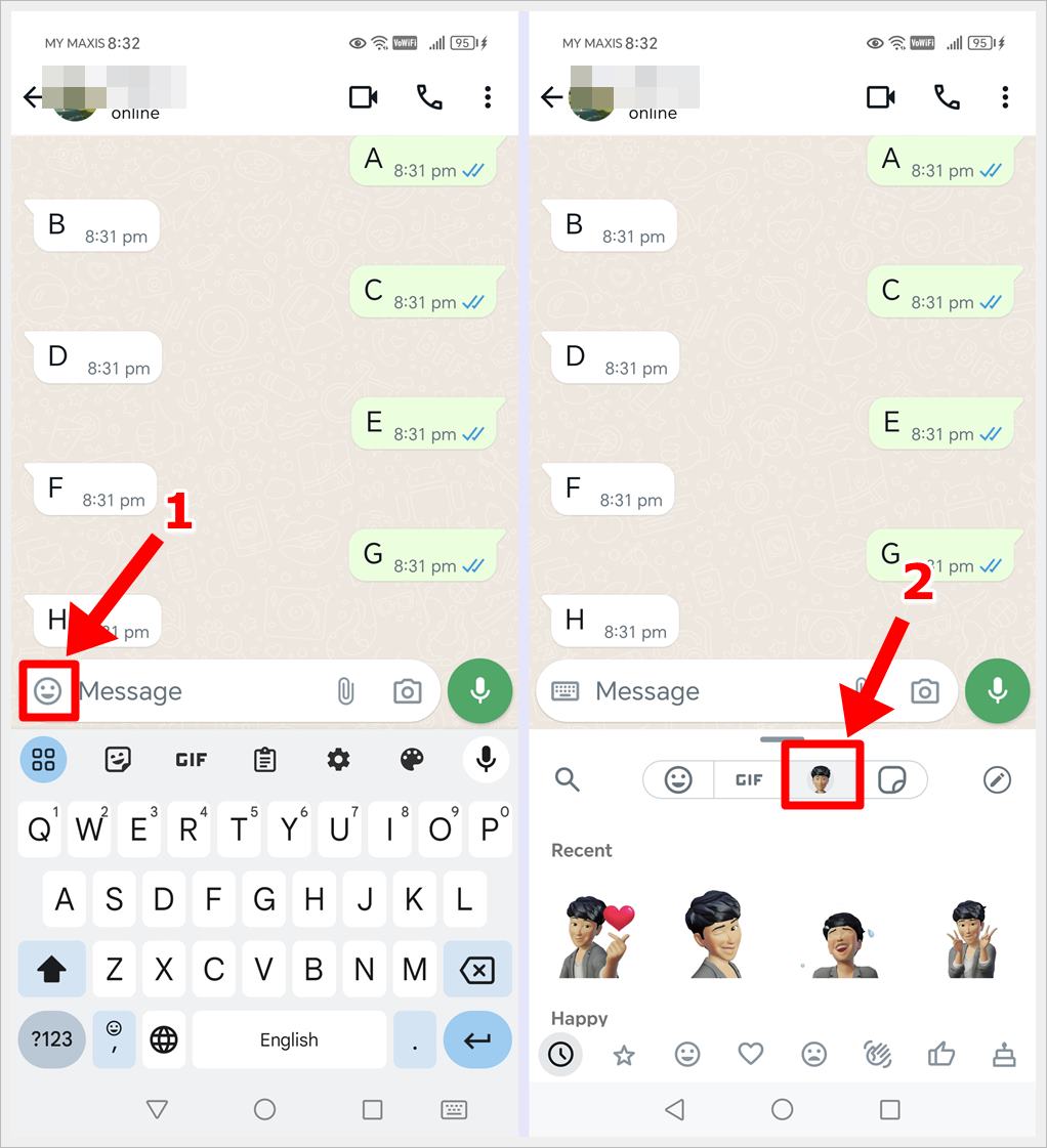 Image shows steps on how to use your custom avatar in WhatsApp chat threads.