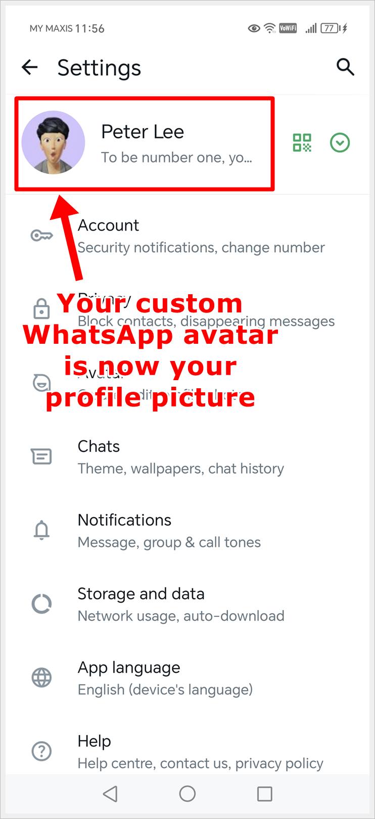 Image shows the custom avatar has been used as the WhatsApp profile picture.