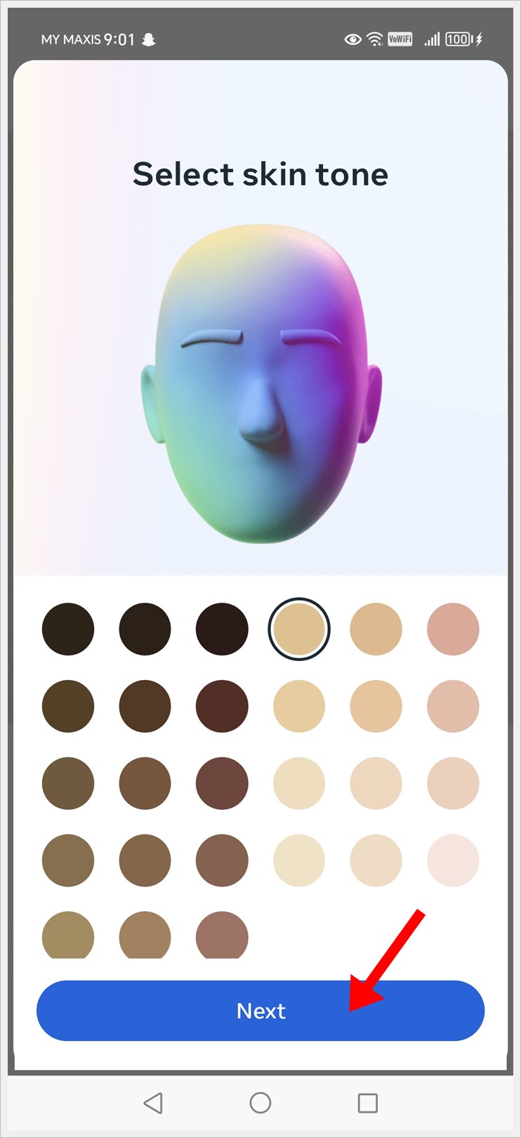 Select skin tone and tap on the 'Next' button.