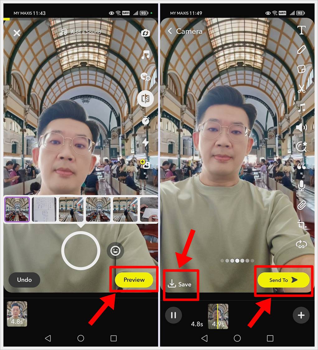 This image shows how to preview, save and send a snap that has been created using Green Screen on Snapchat's Director Mode.