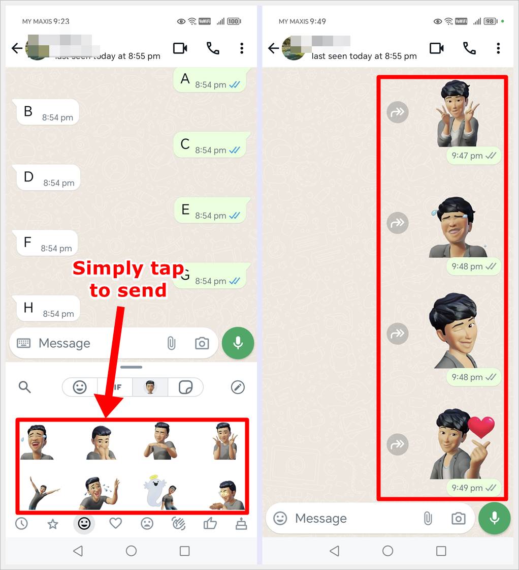 This image shows how to send avatars as stickers in WhatsApp.