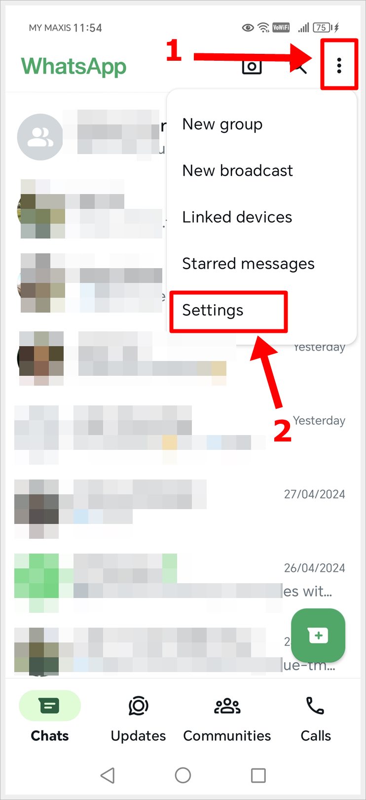 This image shows steps to go to WhatsApp settings by going to 1) The Menu, followed by 2) The 'Settings' option in the menu.