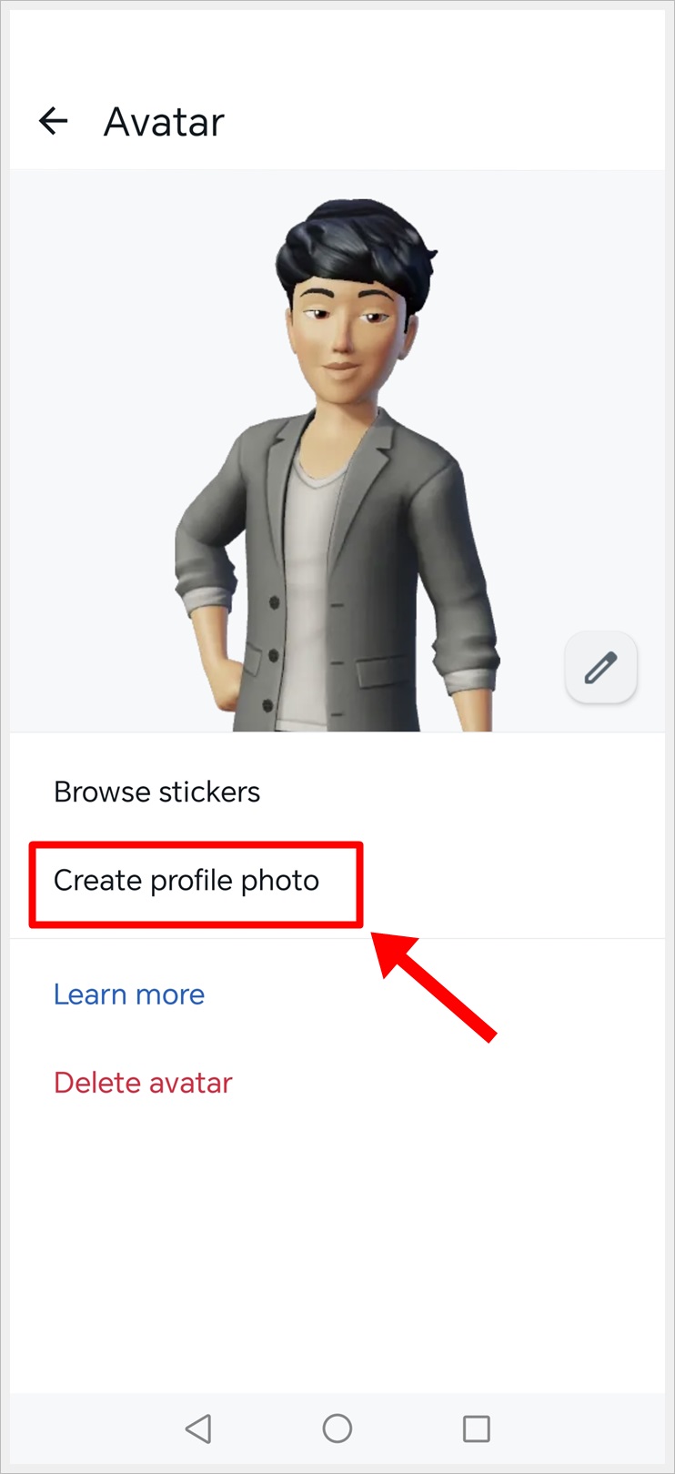 Select 'Create Profile Photo' in the 'Avatar' page.