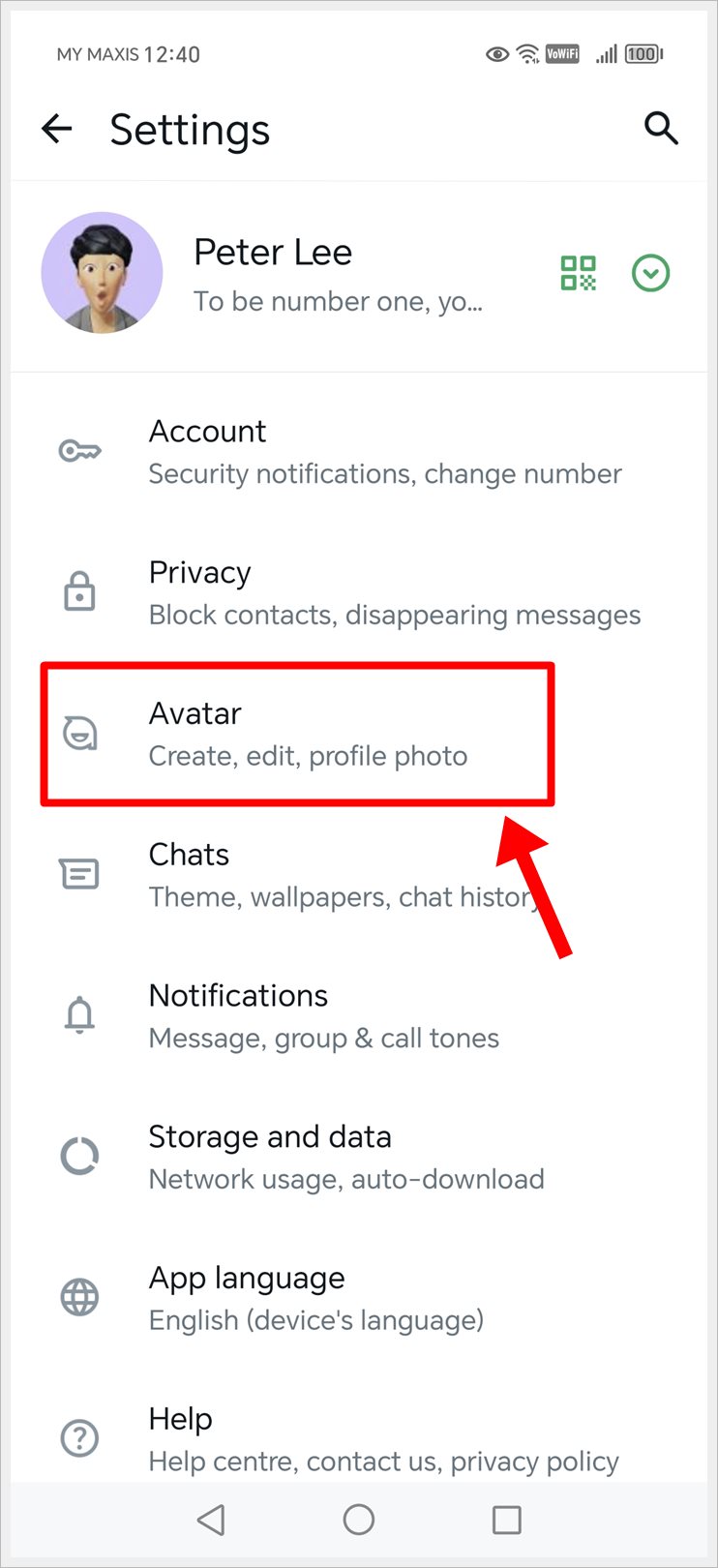 This image shows WhatsApp settings page with a custom avatar as profile picture. The 'Avatar' option has been highlighted.