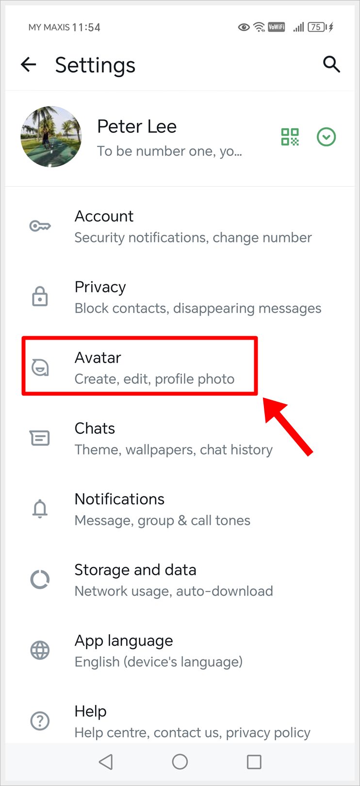 Image shows the 'Settings' page of WhatsApp, with the 'Avatar' option highlighted.