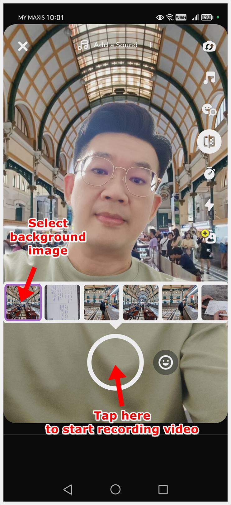 This mobile screenshot displays Snapchat's Director Mode, where you can select a background image from your device's gallery before proceeding to record the video.