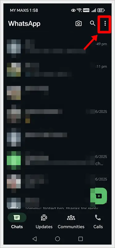 Silence Unknown WhatsApp Calls (Android) - Tap the three dots